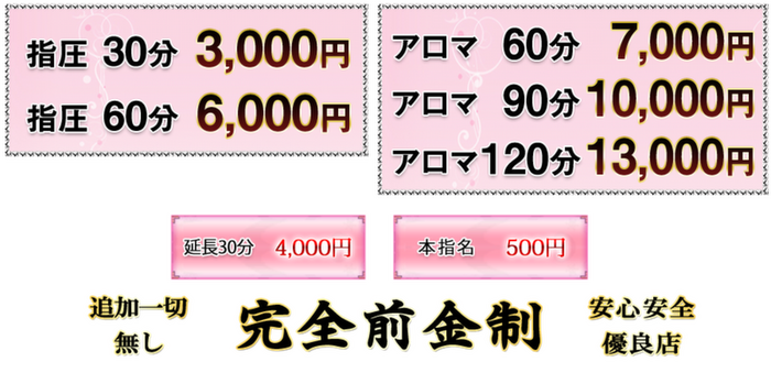 指圧、アロマ、追加一切なし完全前金制、安心安全優良店